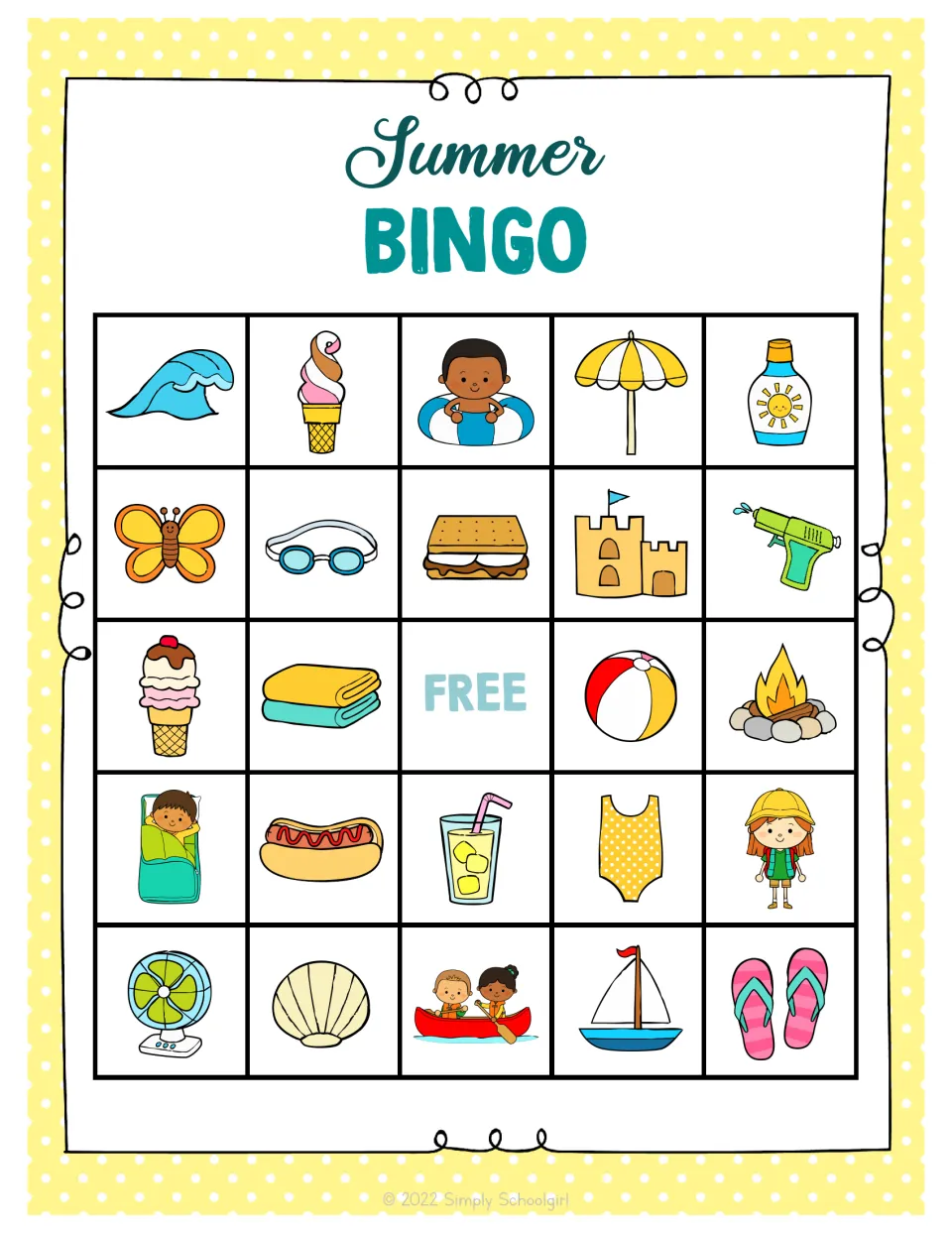 Second supplied summer bingo board has 24 pictures, including wave, s’more and campfire, plus a free space