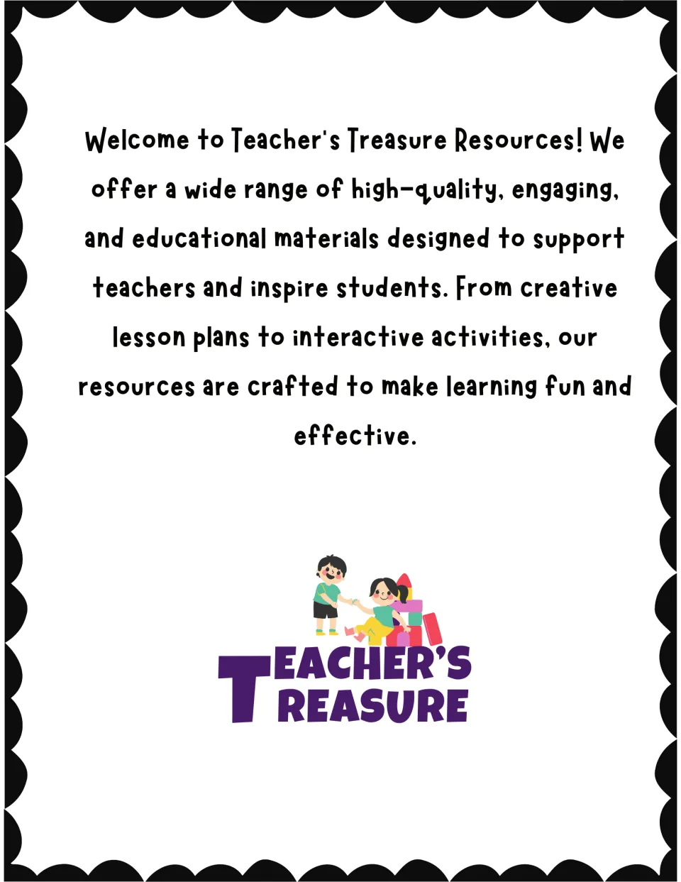 Teacher's Treasure Resources welcome note introducing the store, shown above the Teacher's Treasure logo