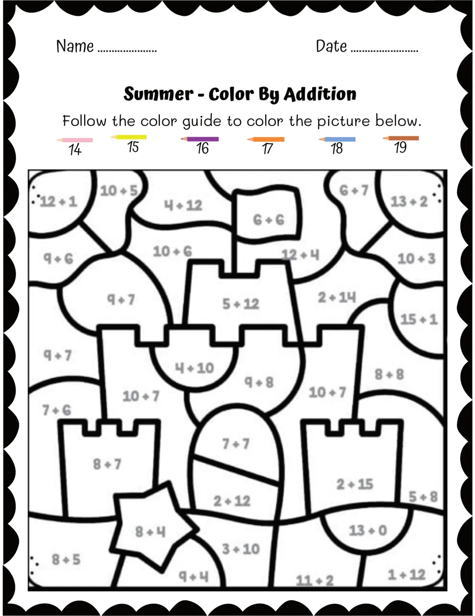 Sandcastle color by addition: students solve sums such as 9 + 7 and 2 + 12, then color by answers 14 to 19