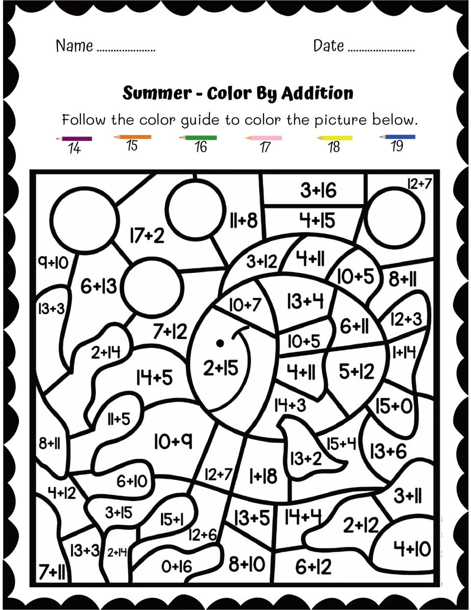 Sea creature and bubbles color by addition: students find sums like 6 + 13 and color each answer from 14 to 19