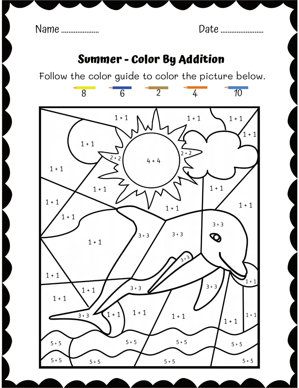 Dolphin, sun and waves color by addition: students solve doubles 1 + 1 to 5 + 5 and color sums 2, 4, 6, 8, 10
