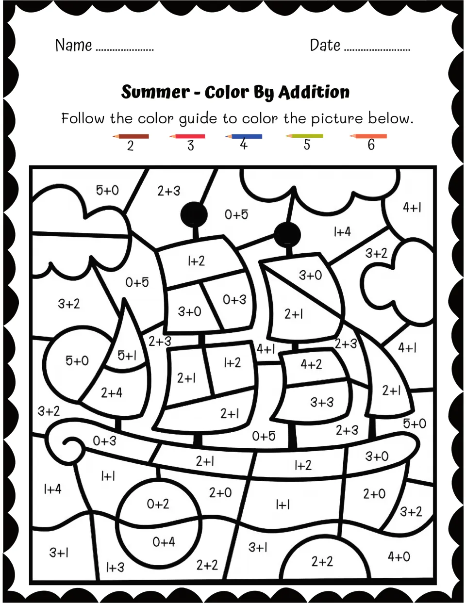 Sailing ship color by addition: students add within 6, such as 3 + 2 and 4 + 2, and color sums 2 through 6