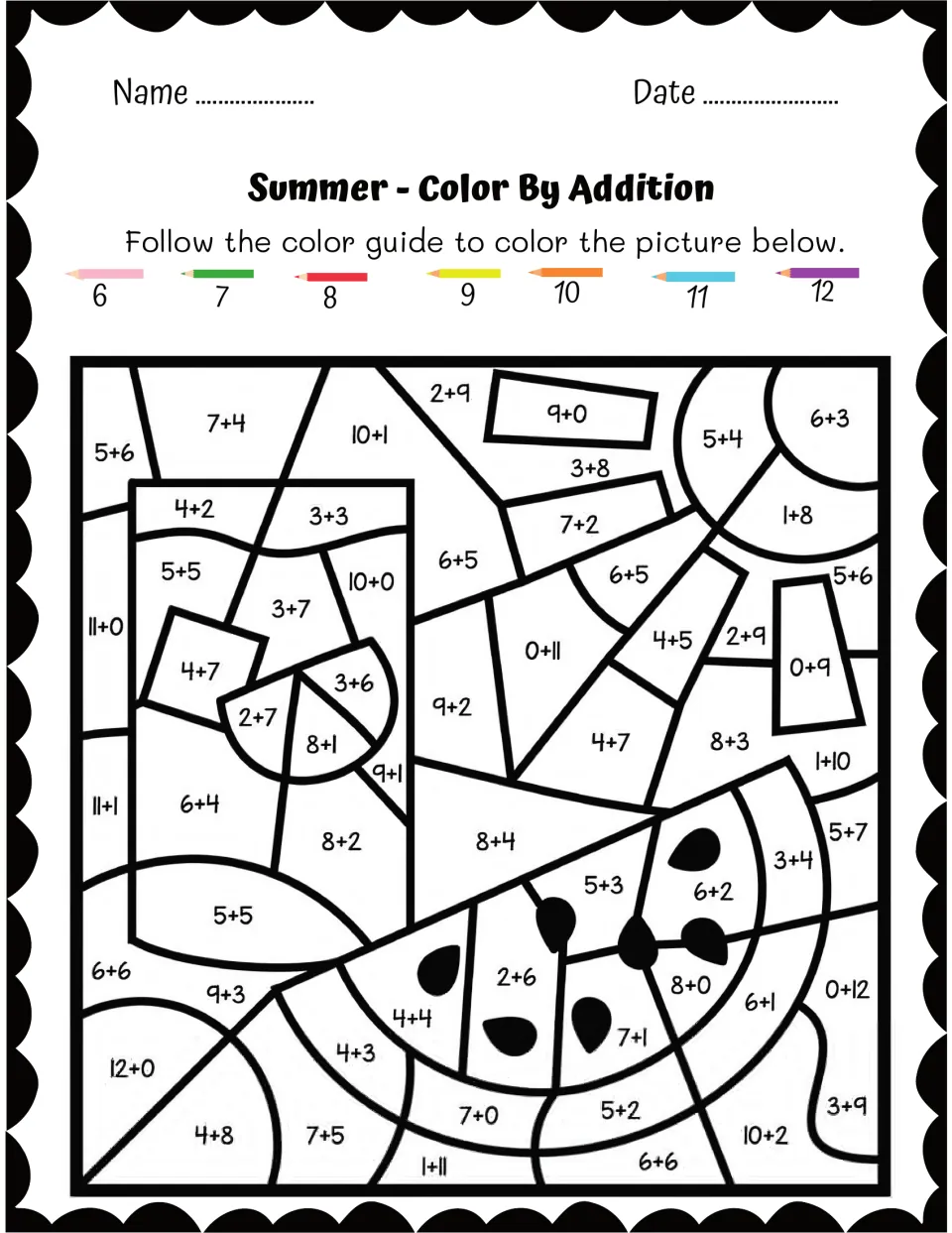 Watermelon and summer drink color by addition: students solve facts like 7 + 4 and color sums from 6 to 12