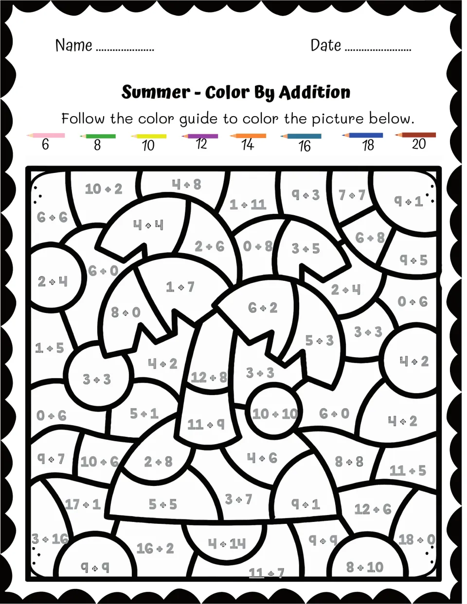 Beach umbrella color by addition: students solve facts like 10 + 10 and 9 + 9, coloring even sums from 6 to 20