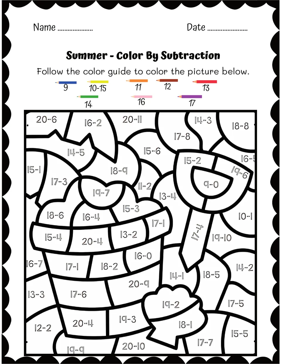 Sand bucket and shovel color by subtraction: students solve facts like 20 - 6 and color by differences 9 to 17