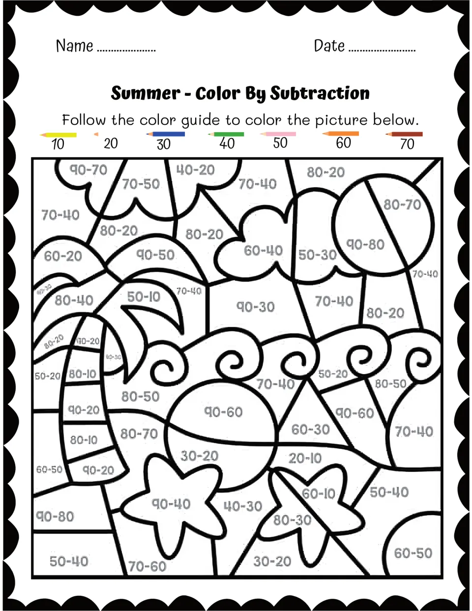 Palm tree beach color by subtraction: students subtract tens, such as 90 - 70, and color differences 10 to 70