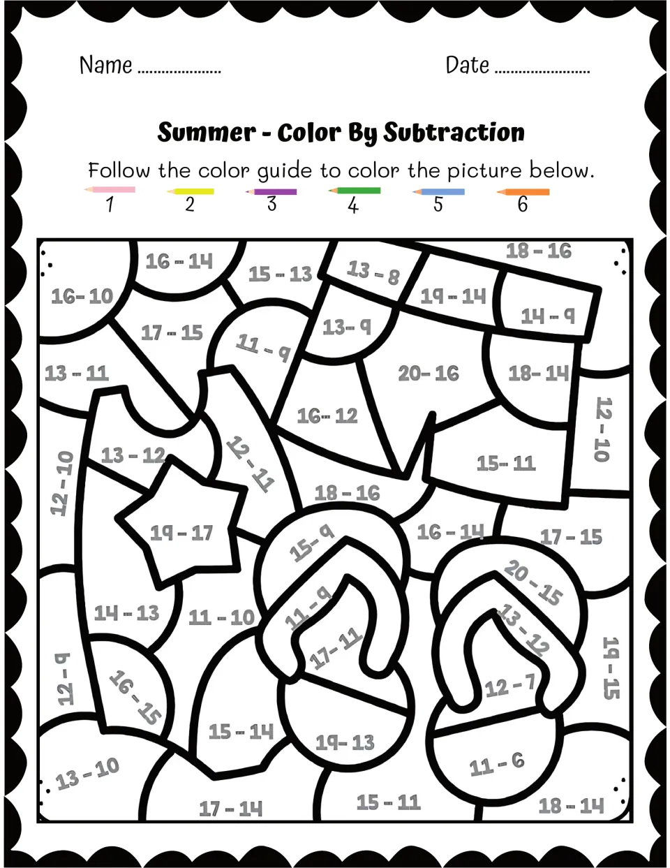 Flip-flops and swim shorts color by subtraction: students solve facts like 17 - 15 and color differences 1 to 6
