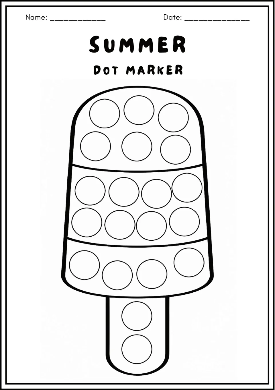 Popsicle dot marker page: students stamp dots in rows of circles across the ice pop's three bands and down its stick