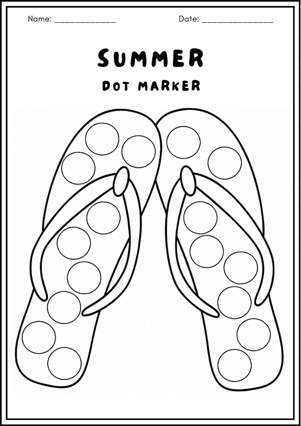 Flip-flops dot marker page: students stamp a dot in each circle along the soles and straps of a pair of summer sandals