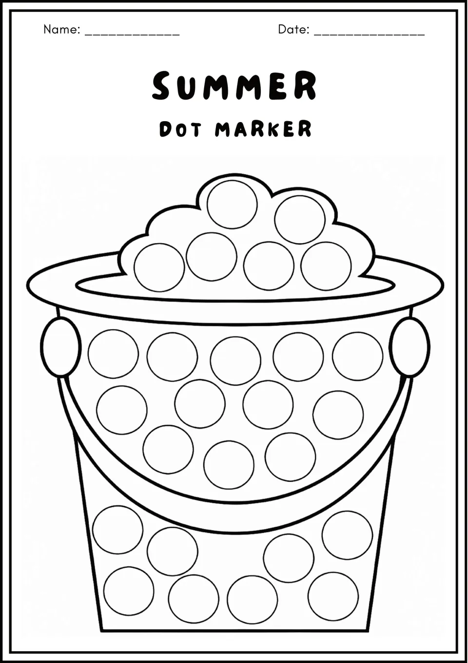 Sand bucket dot marker page: students stamp dots in the circles on the heaped sand, the pail's sides and its handle area