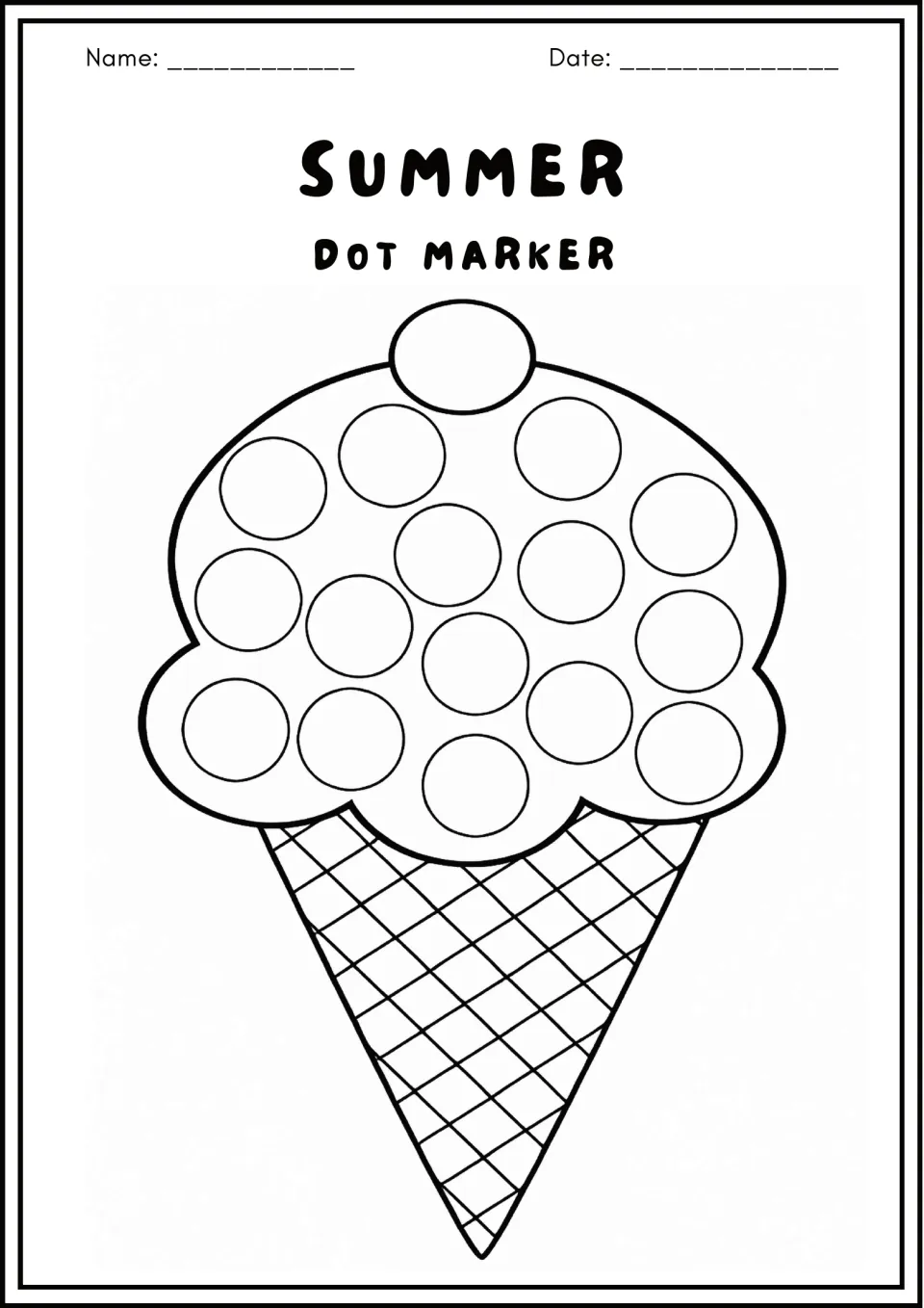 Ice cream cone dot marker page: students stamp a dot in each circle on the scoop above a crosshatched waffle cone