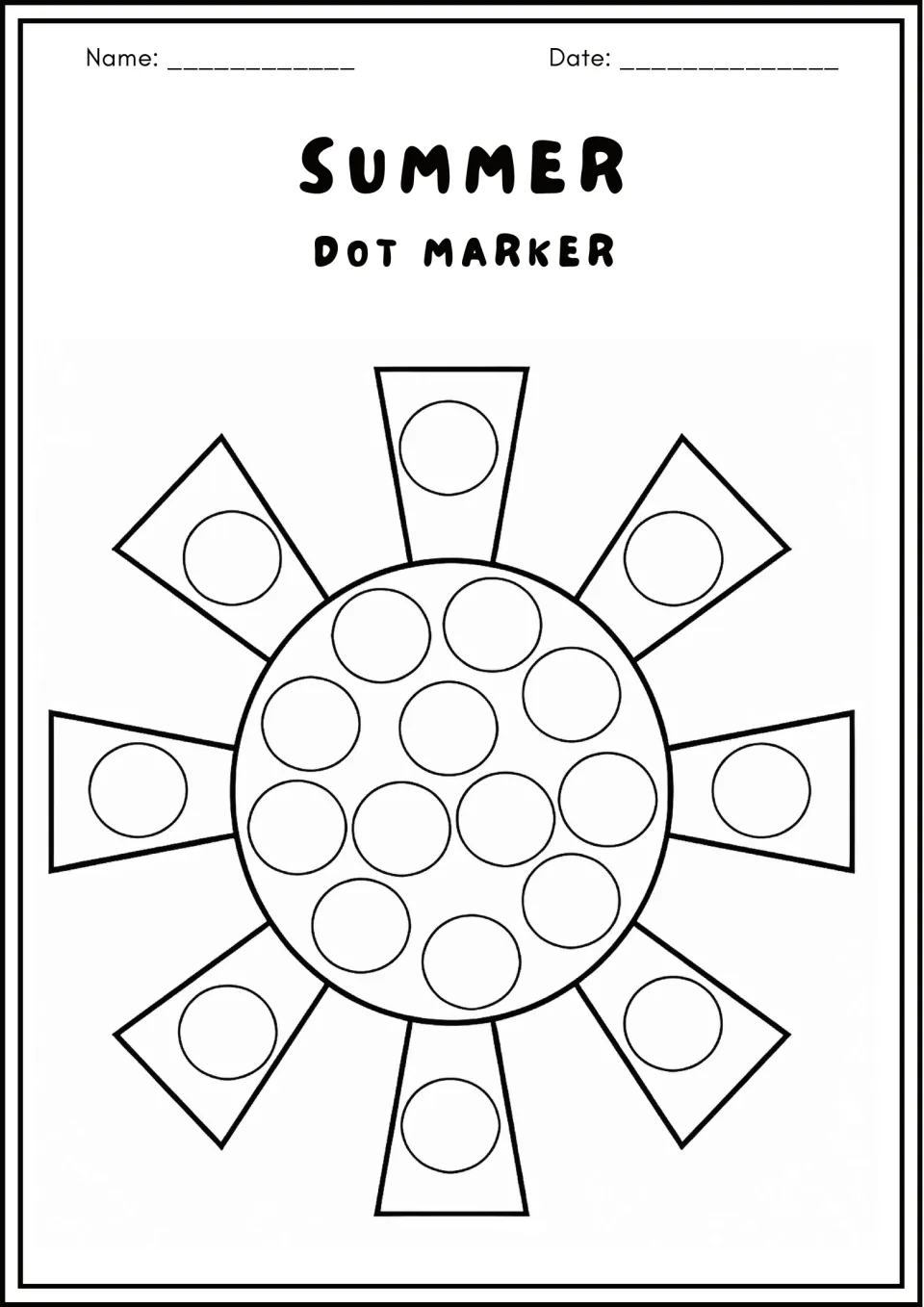 Sun dot marker page: students stamp dots in the circles filling the sun's round face and one in each of its eight rays