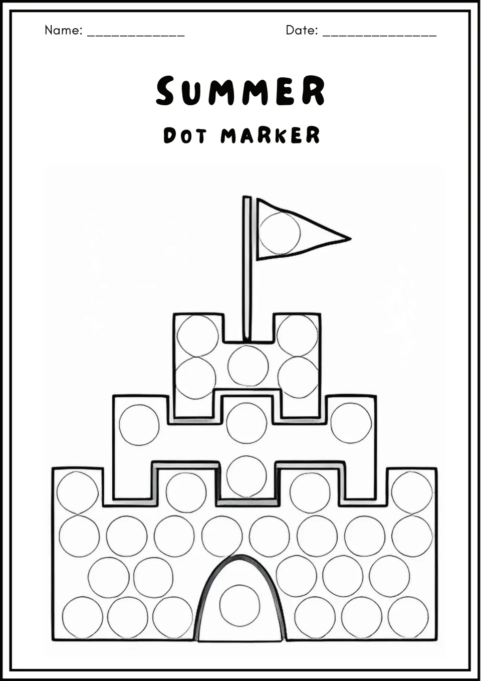 Sandcastle dot marker page: students stamp dots in the circles on the castle's three tiers, arched doorway and flag