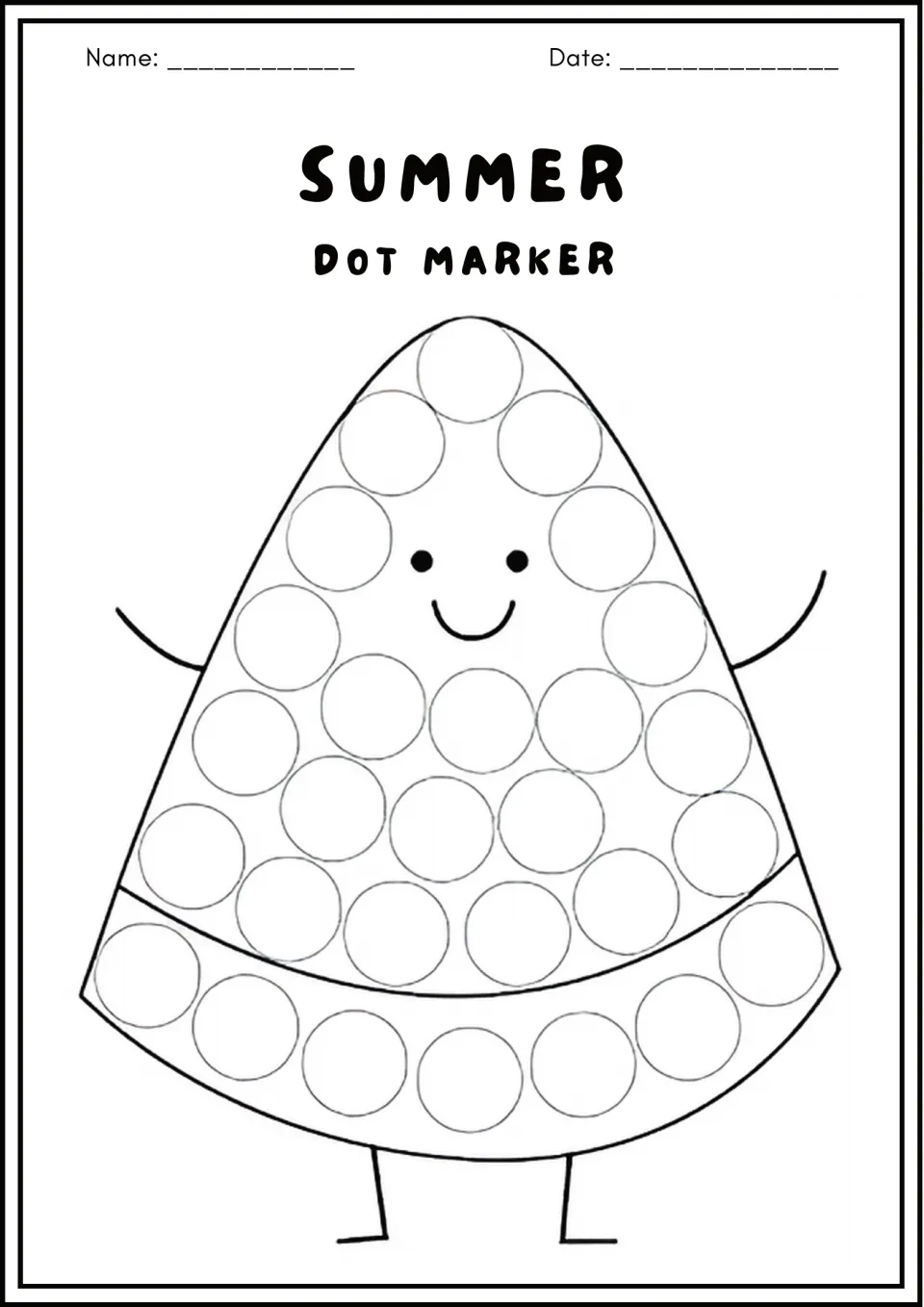 Smiling cone-shaped character dot marker page: students stamp dots in the circles covering its body and bottom band