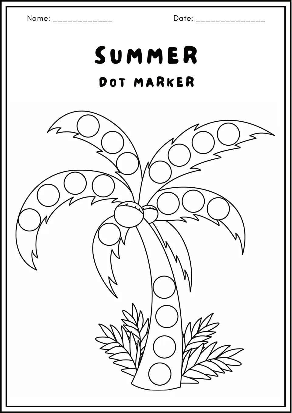 Palm tree dot marker page: students stamp a dot in each circle along the five fronds and down the trunk above the leaves