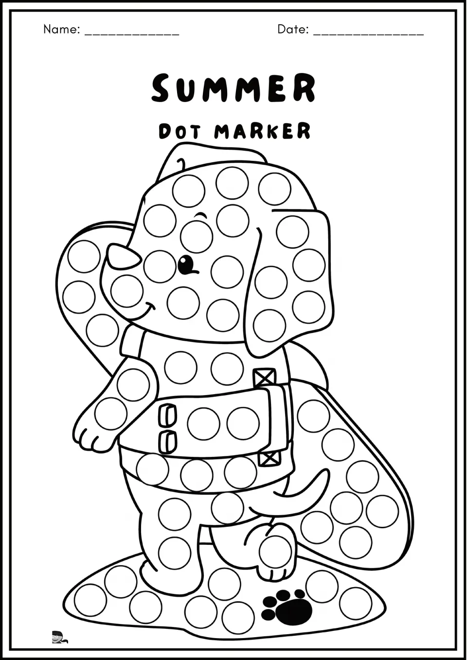 Beach puppy dot marker page: students stamp dots in circles on a smiling dog in a life vest, its surfboard and the sand