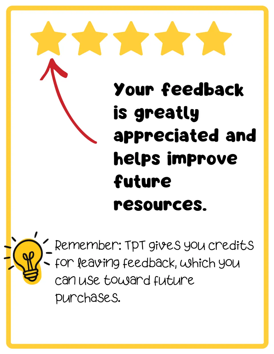 Feedback request page with five stars and an arrow asking buyers to rate the resource and earn TPT credits