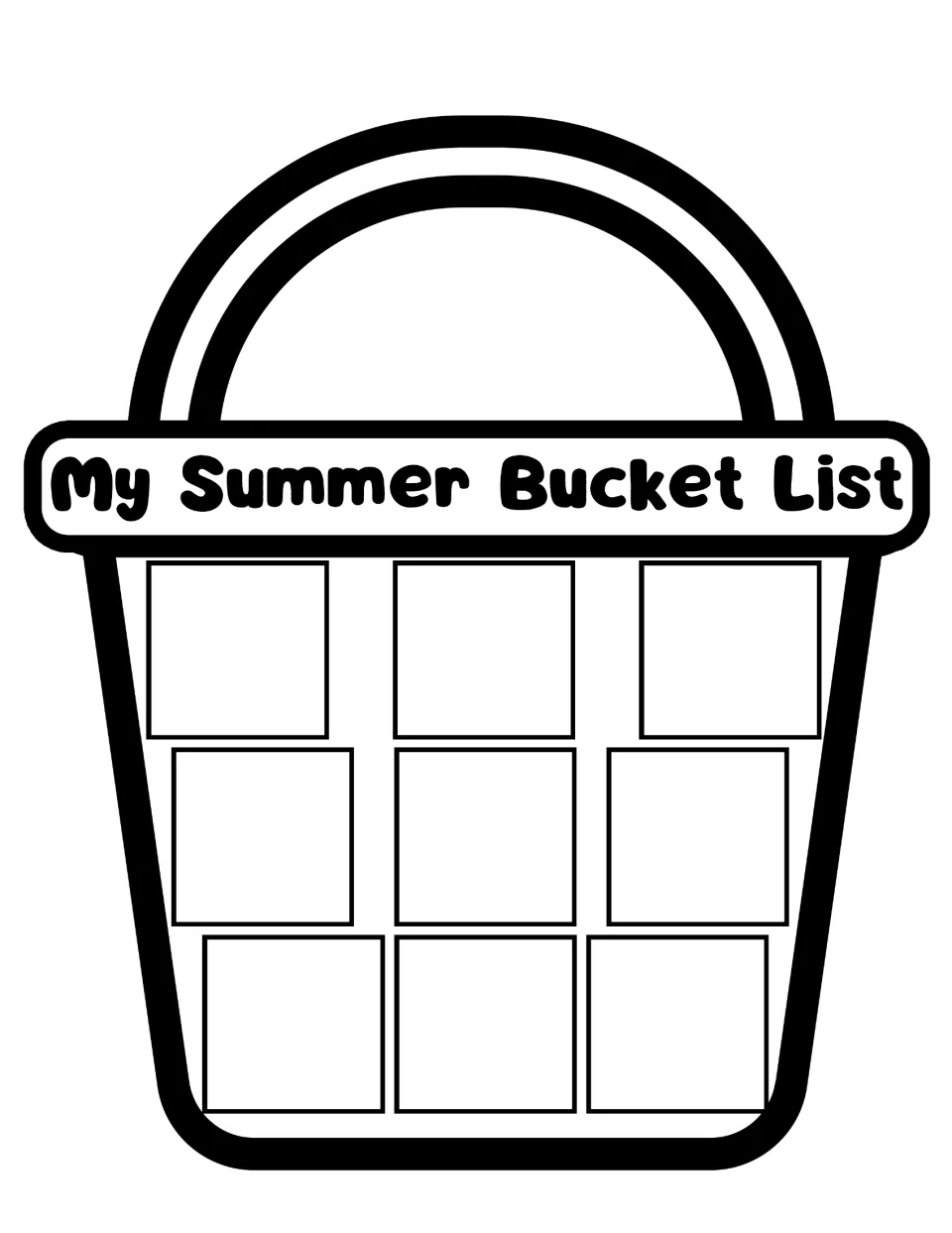My Summer Bucket List template shaped like a bucket where students glue nine picture cards of summer plans