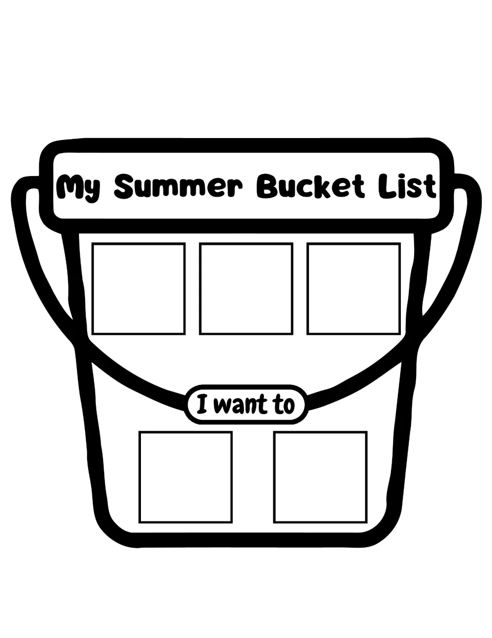 Summer bucket craft with an I want to label; students fill three top and two bottom spaces with activity cards
