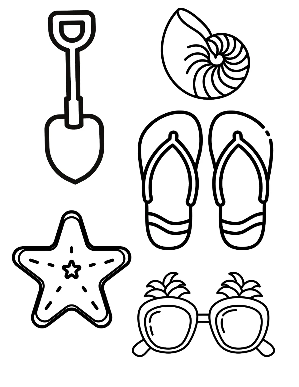 Summer decorations to color and cut out: shovel, seashell, flip-flops, starfish and pineapple sunglasses