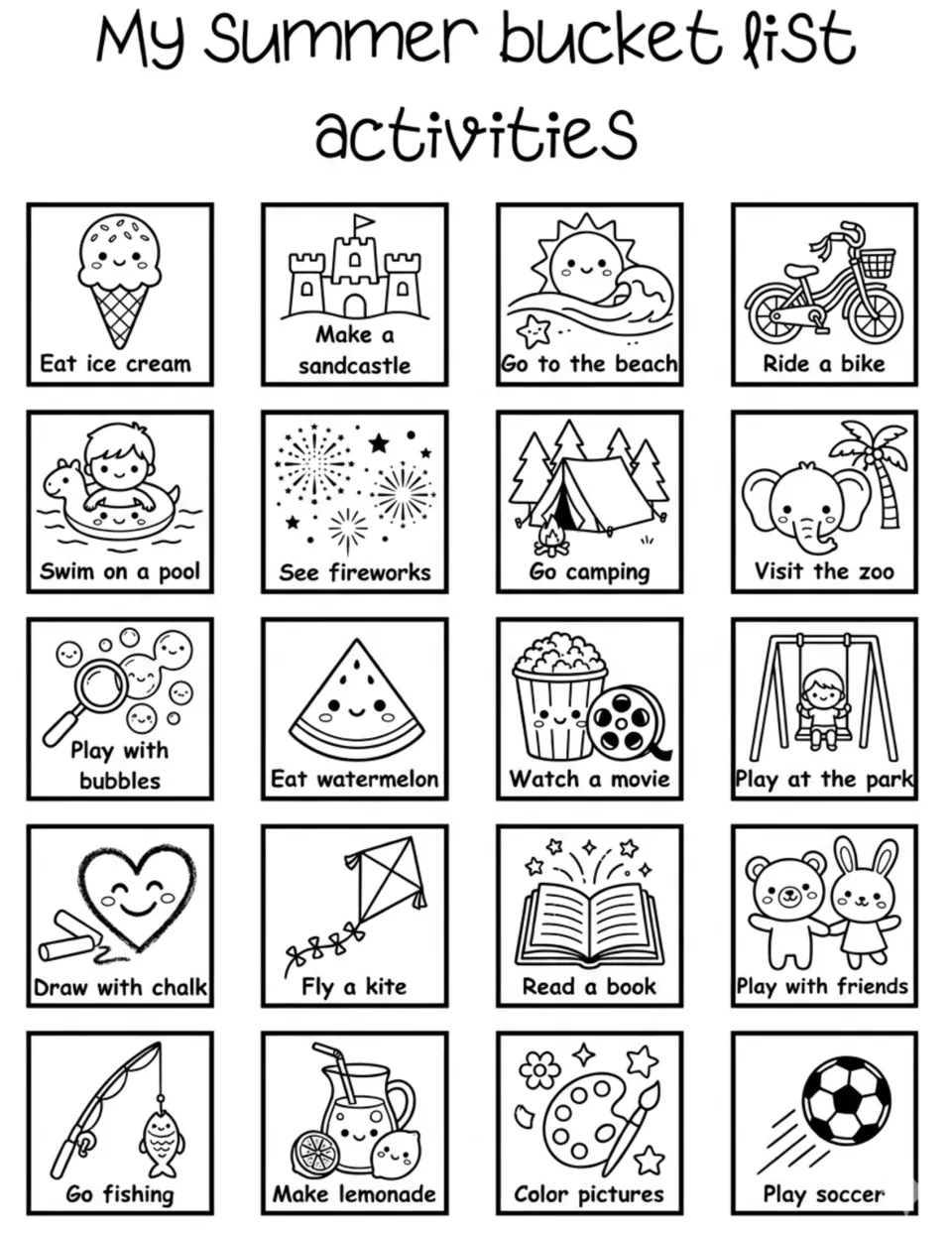 Black-and-white activity cards: 20 summer plans such as eat ice cream, ride a bike and go camping to color