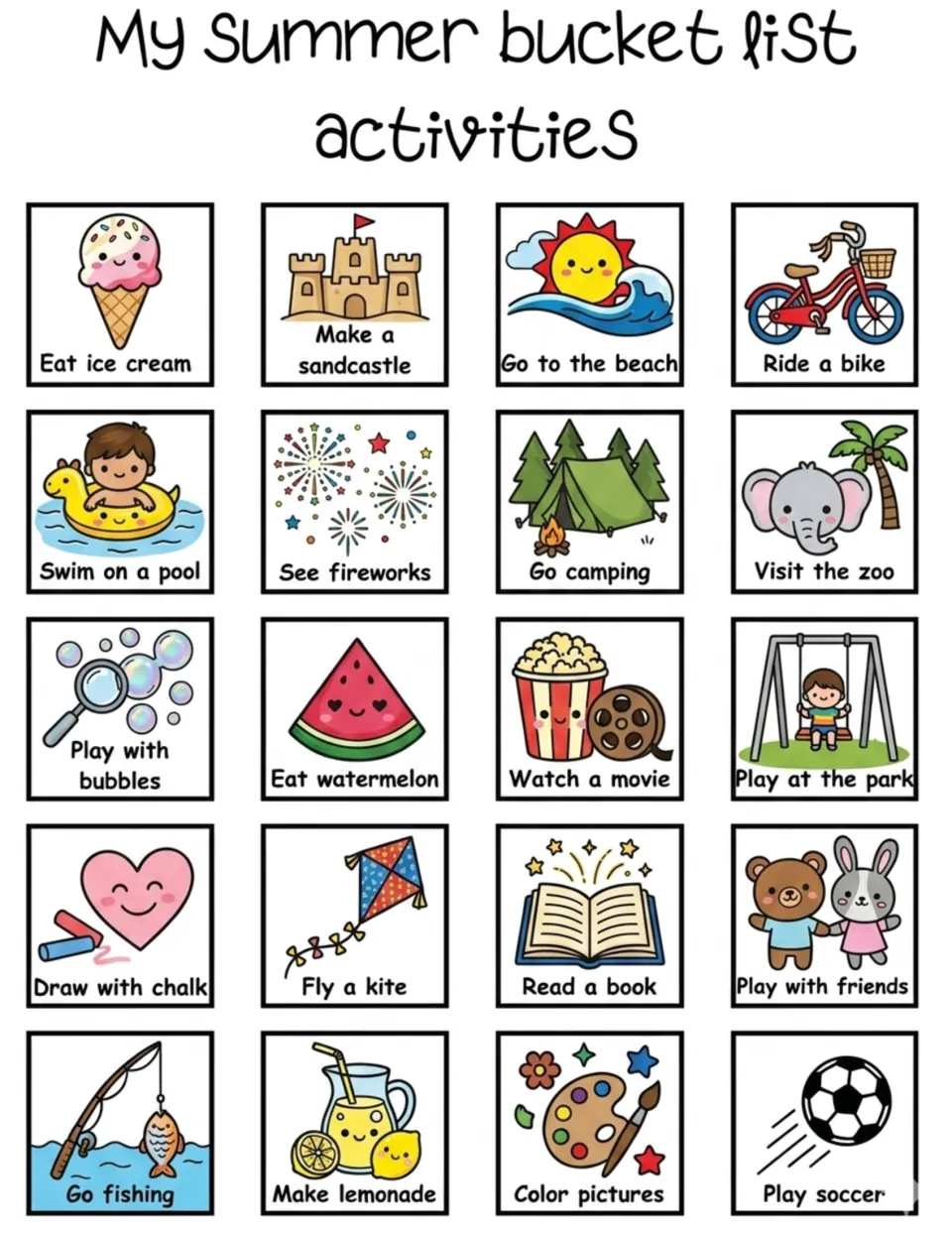 Color picture cards of the same 20 summer plans, including see fireworks, fly a kite and read a book
