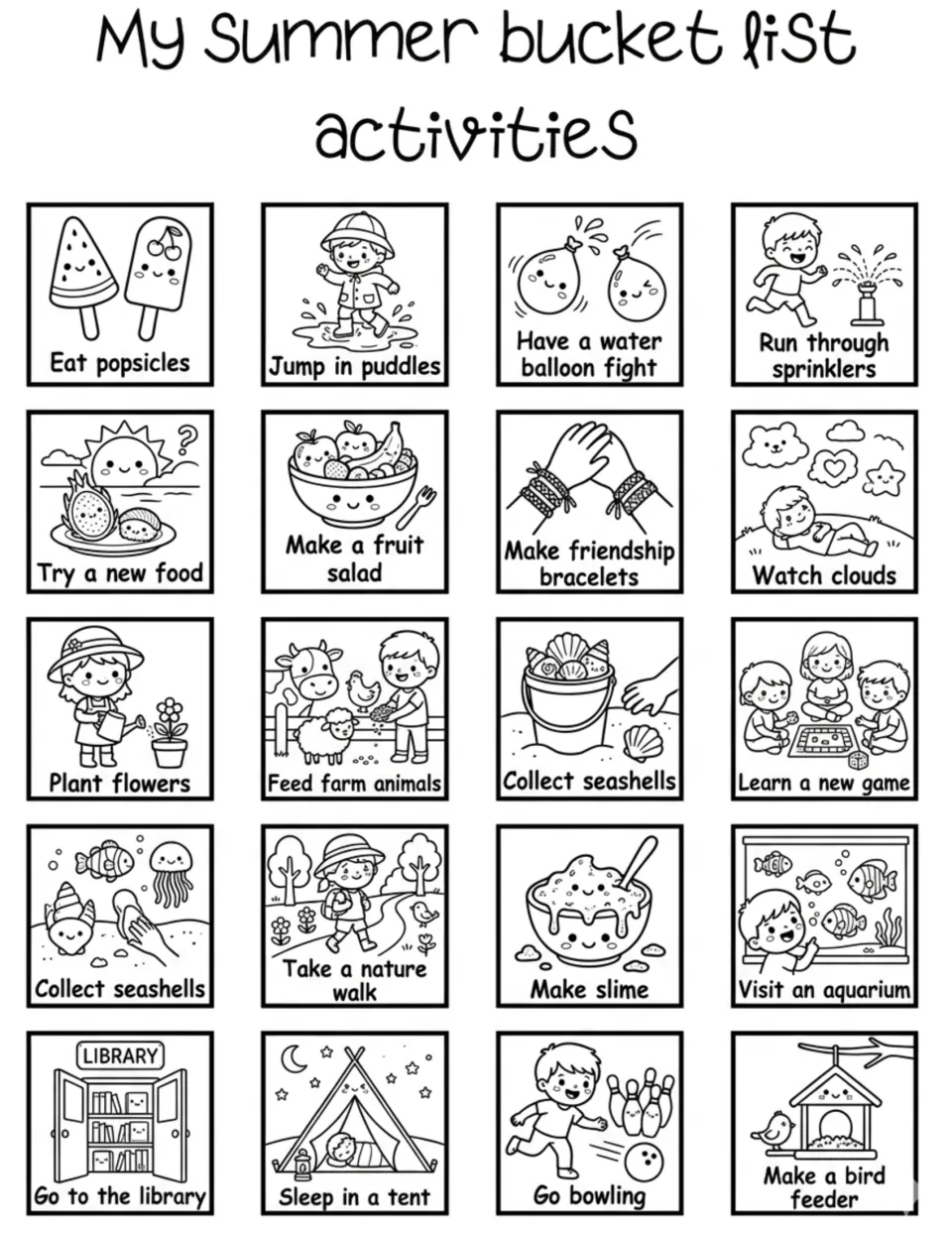More summer plan cards to color: eat popsicles, plant flowers, make slime, go bowling and 16 other ideas