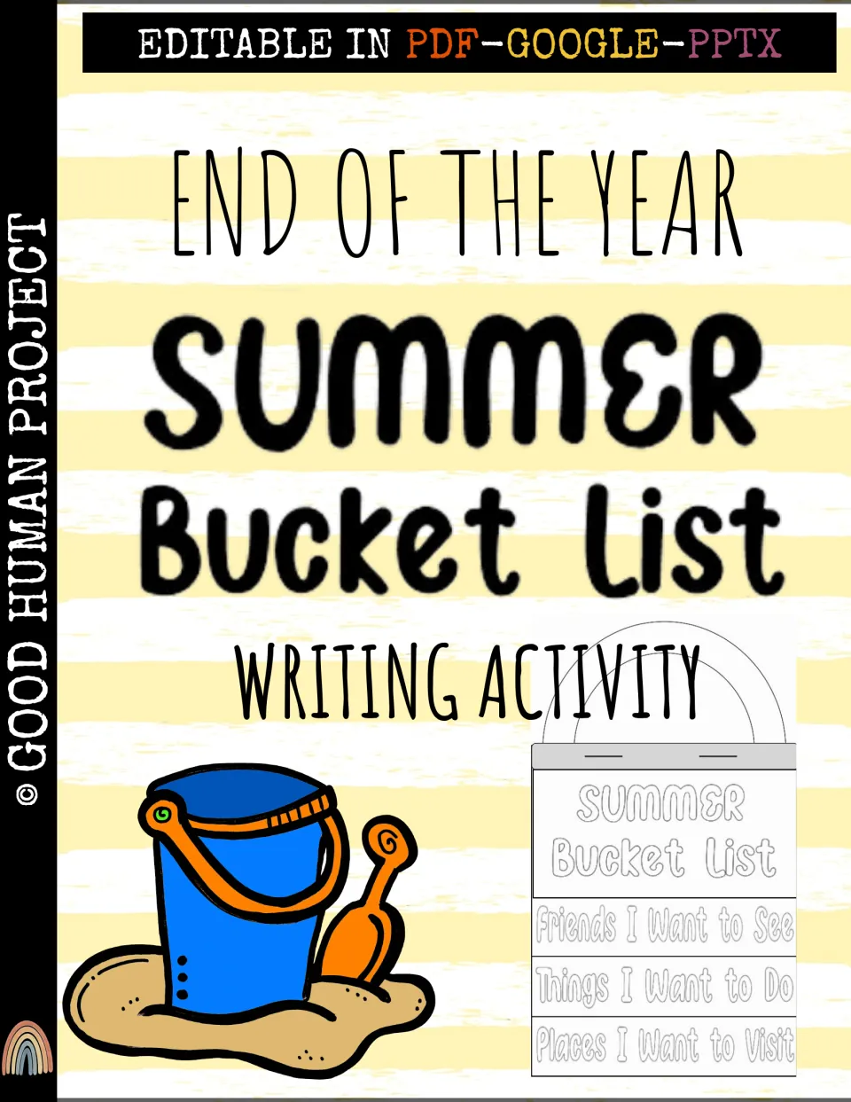 End of the Year Summer Bucket List writing activity cover with a sand pail and a preview of the layered bucket flip book