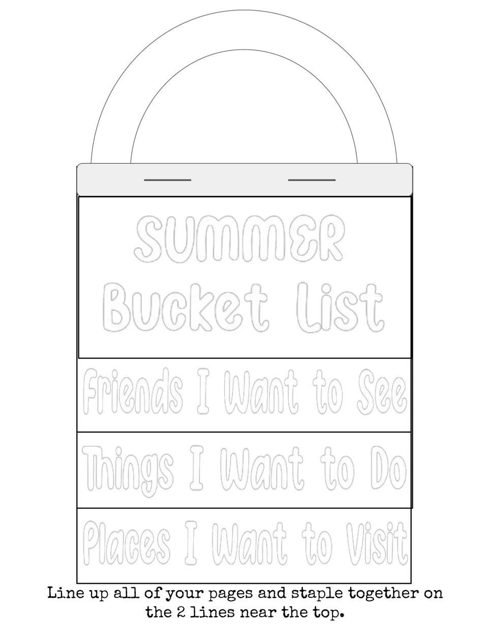 Assembly step: students line up bucket pages and staple them together on the 2 lines near the top to finish the flip book