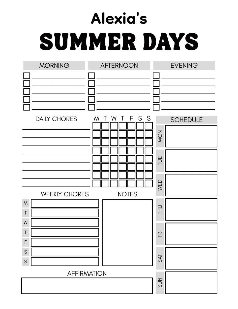 Summer Days planner: list morning, afternoon and evening tasks, track daily chores, schedule each day, add an affirmation