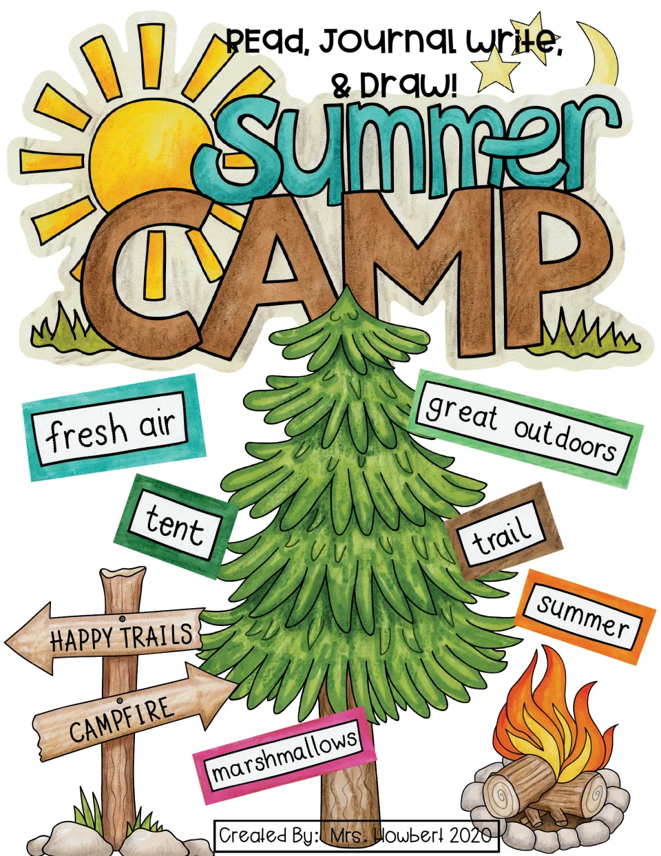 Summer Camp Journal Writing cover introduces reading, journal writing, and drawing about camping.