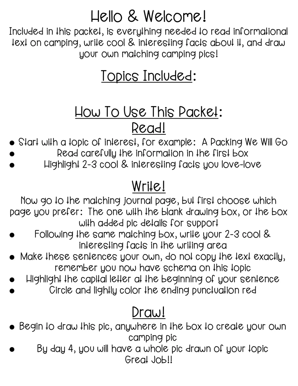 Packet directions explain how to read camping facts, write two or three in your own words, and draw.