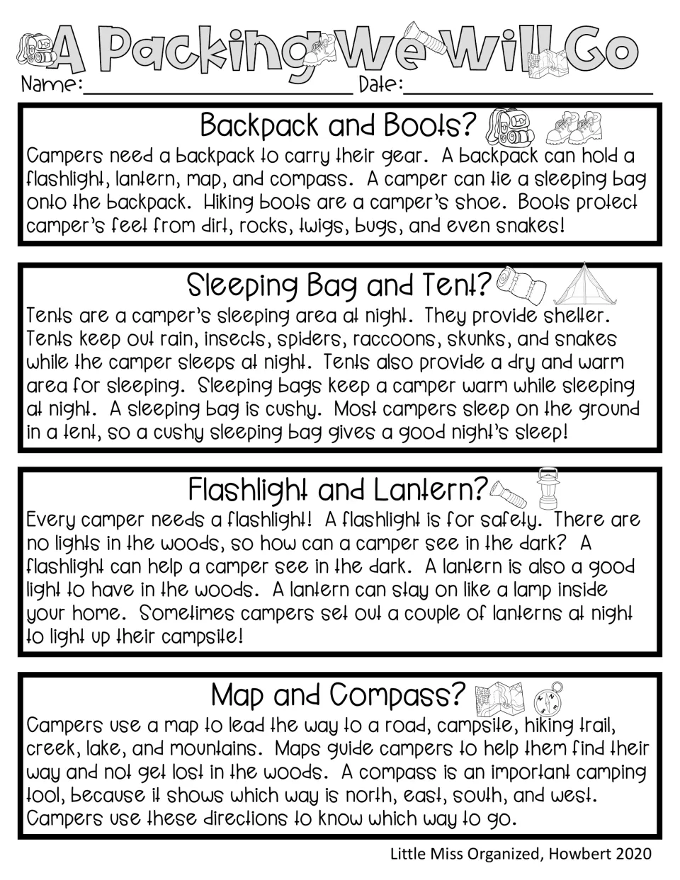 Camping gear reading covers backpacks and boots, sleeping bags and tents, flashlights and lanterns, and maps.