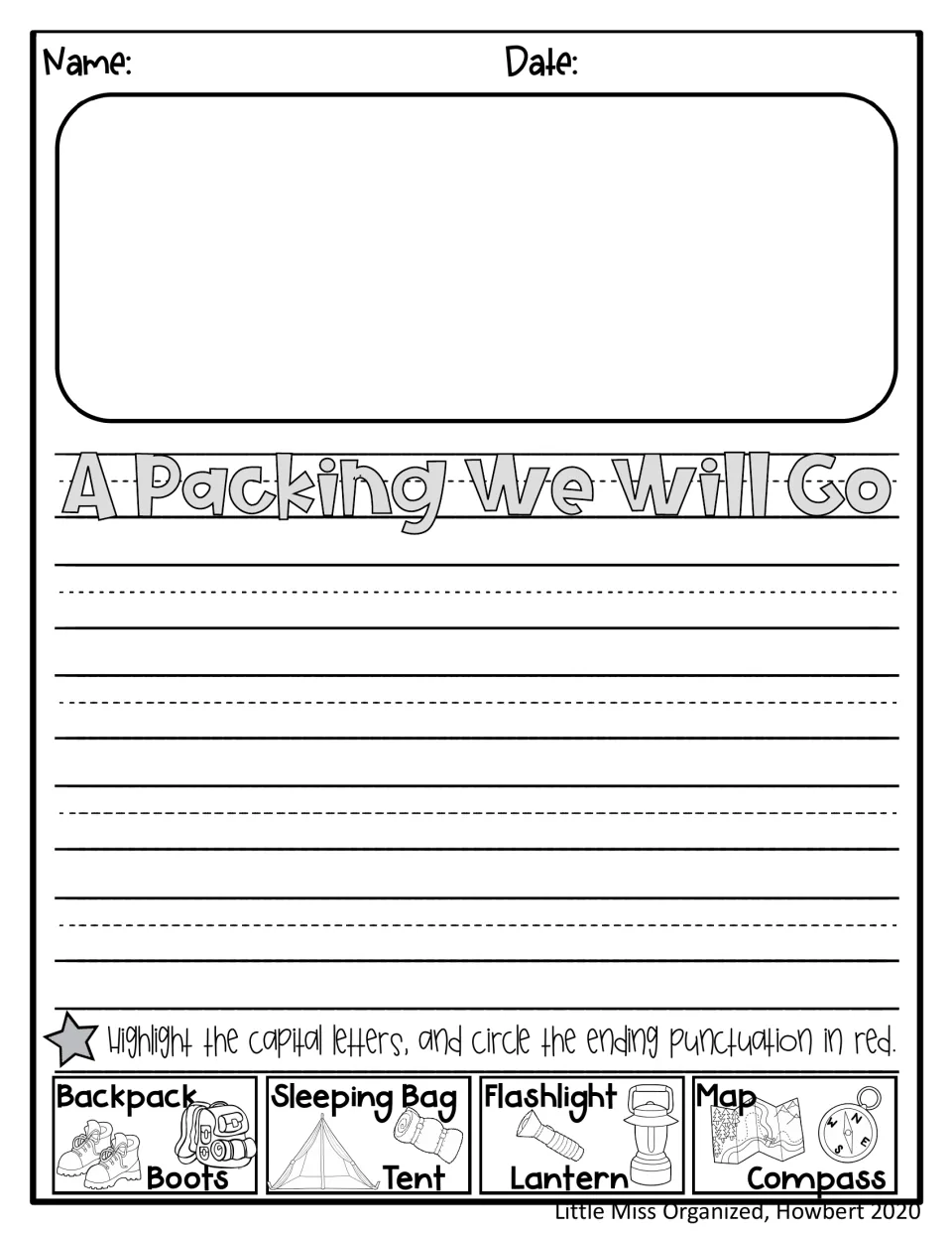 A Packing We Will Go journal page provides space to draw and write camping gear facts, with picture labels.