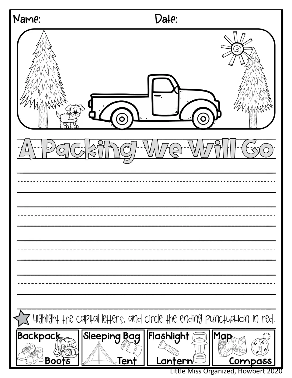 Camping gear journal includes a truck scene to complete, picture vocabulary, and space to write facts.
