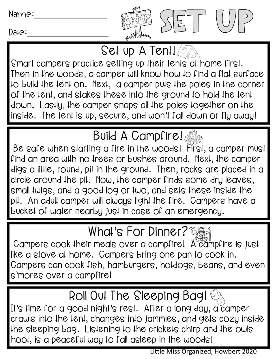 Camp setup reading covers pitching a tent, building a campfire, cooking dinner, and using a sleeping bag.