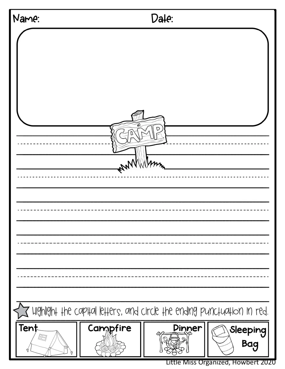 Camp setup journal offers space to draw and write facts, with tent, campfire, dinner, and sleeping bag labels.