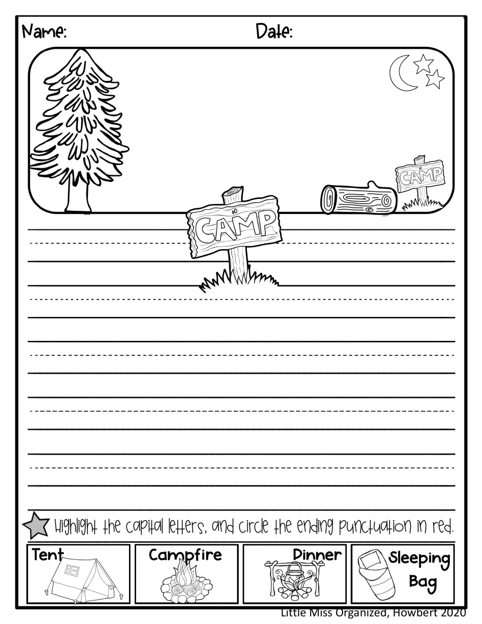 Camp setup journal includes a nighttime campsite scene to complete and space to write camping facts.