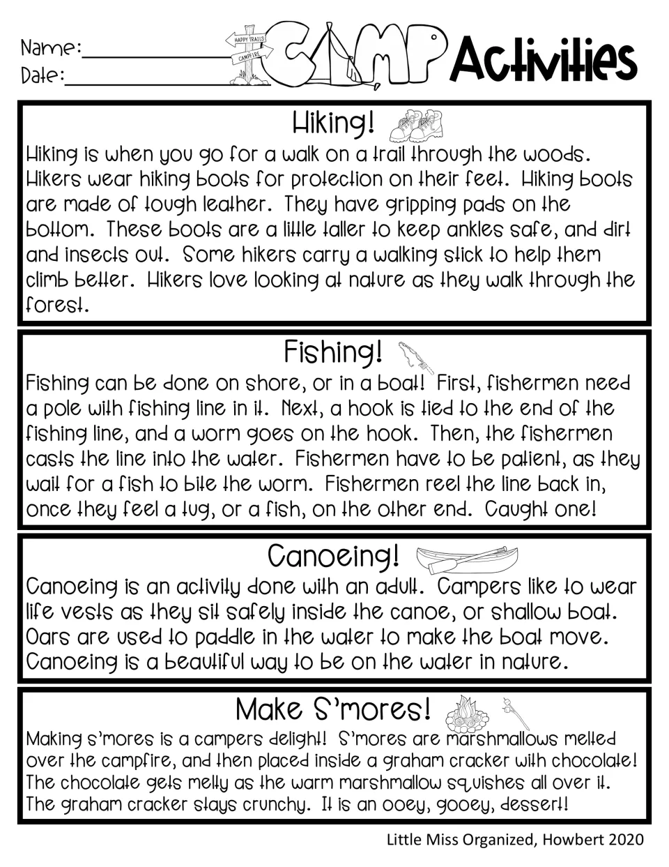 Camp Activities reading introduces hiking, fishing, canoeing with an adult, and making campfire s’mores.