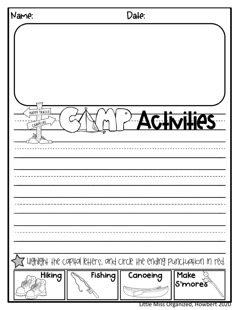 Camp Activities journal offers space to draw and write about hiking, fishing, canoeing, and making s’mores.