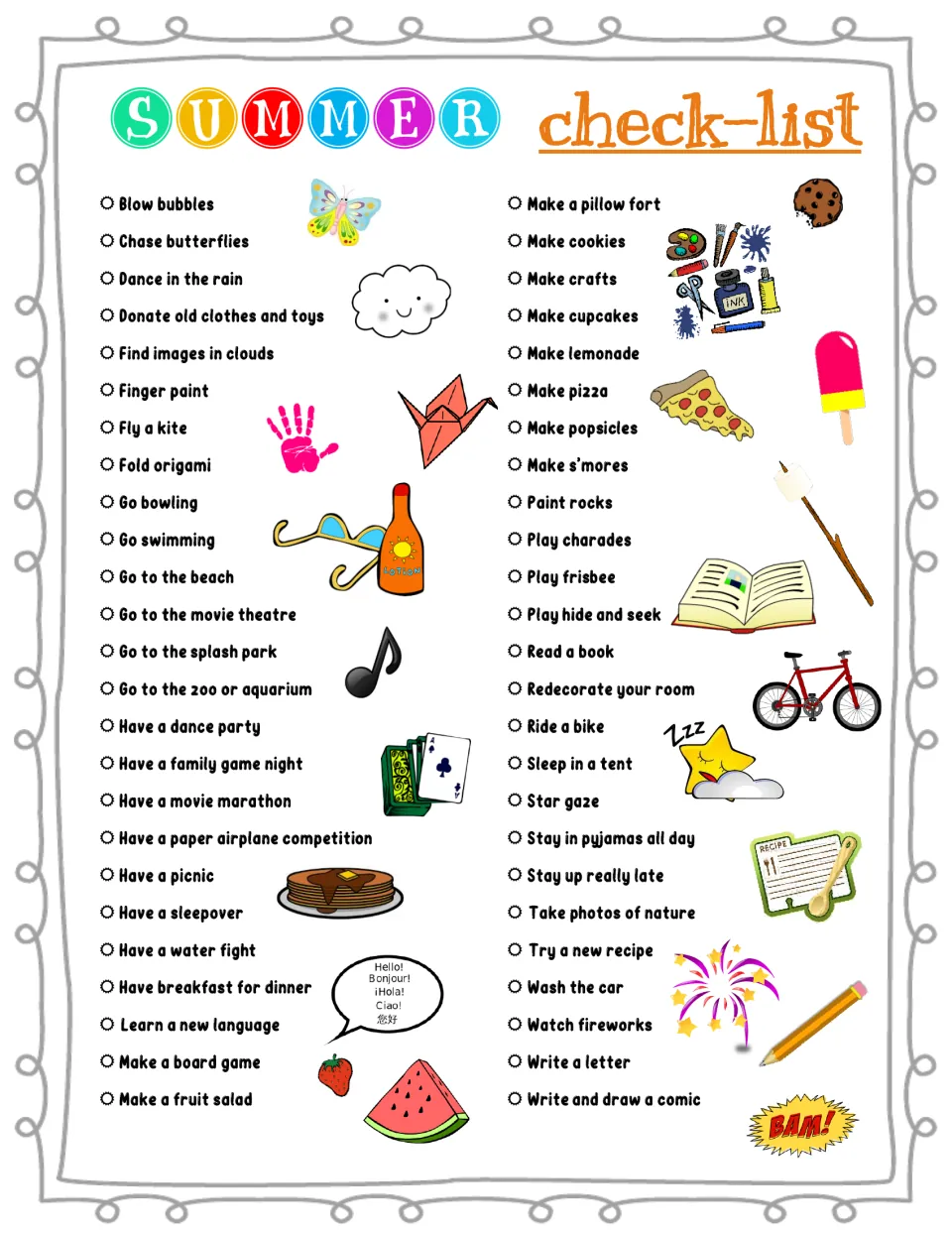 Summer check-list of 50 activities, from blowing bubbles to star gazing, with a circle for kids to tick off each one done
