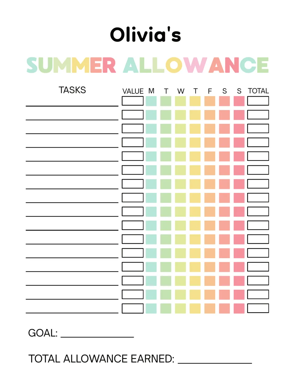 Olivia's Summer Allowance chore tracker: write 16 tasks and their value, mark each day Monday to Sunday, total earnings