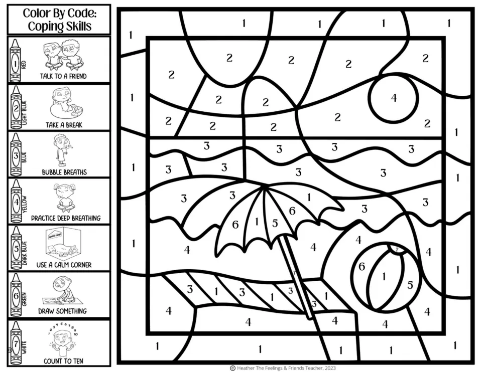 Beach color by code: students color numbered spaces using a 7-part coping skills key, from talk to a friend to count to ten