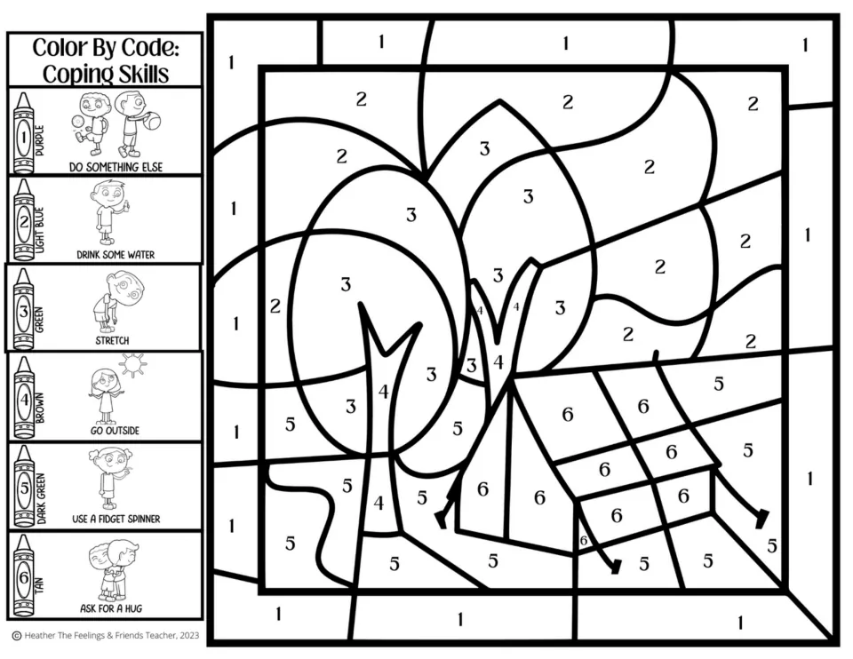 Tent and trees color by code: students follow a 6-skill key with drink some water, stretch, go outside and ask for a hug