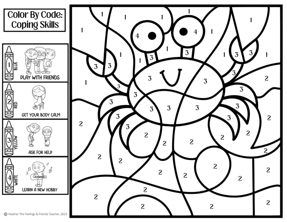 Crab color by code: students use a 4-skill key: play with friends, get your body calm, ask for help, learn a new hobby