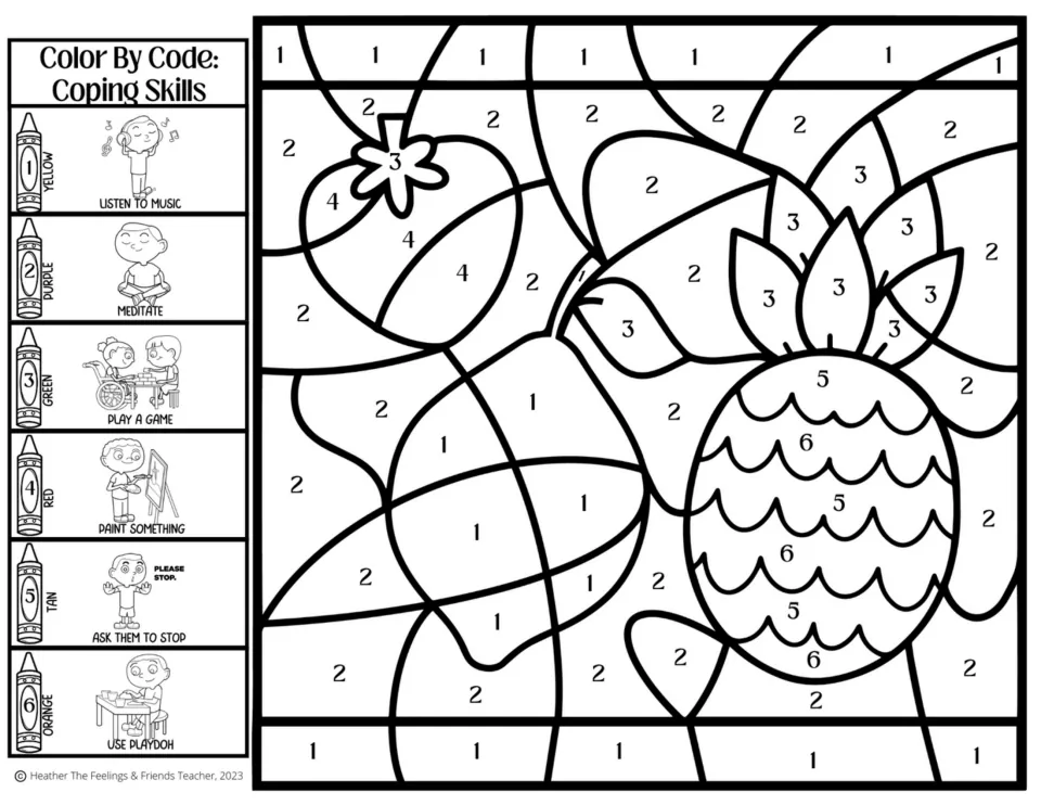 Strawberry and pineapple color by code: key pairs colors with listen to music, meditate, paint something and use playdoh