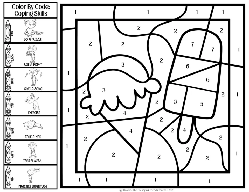 Ice cream cone and popsicle color by code: 7-skill key with do a puzzle, use a pop-it, take a nap and practice gratitude