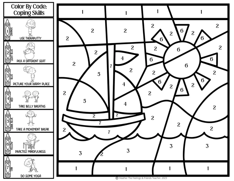 Sailboat and sun color by code: students follow a 7-skill key with picture your happy place, belly breaths and yoga