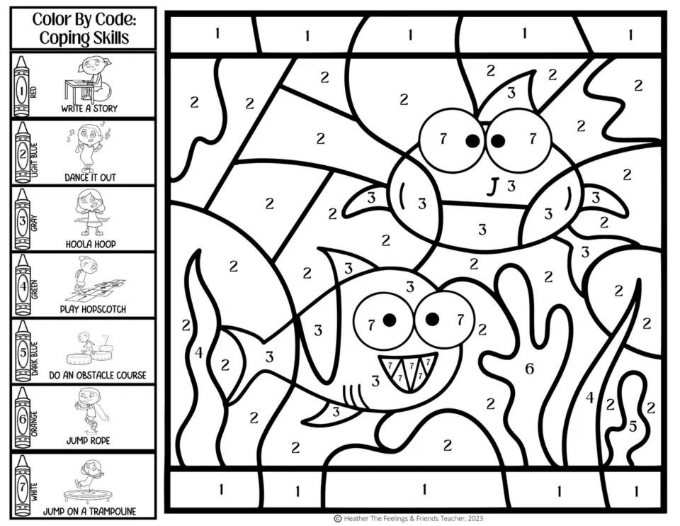 Shark and crab undersea color by code: 7-skill key with dance it out, hoola hoop, jump rope and a trampoline