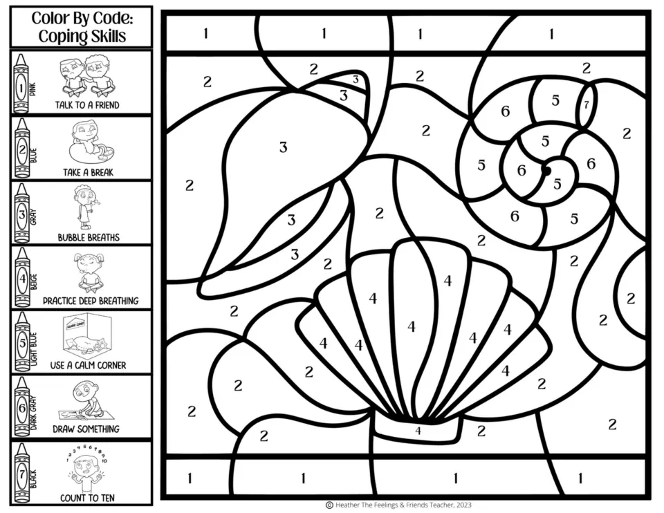 Seashells color by code: students color with a 7-skill key: bubble breaths, use a calm corner, draw something